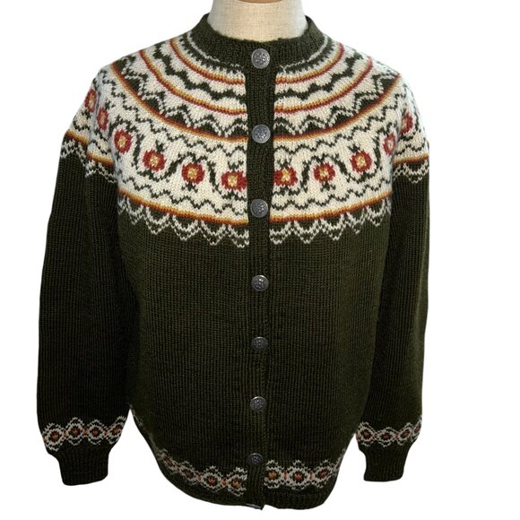 Fair Isle Norwegian Design pewter stamped buttons green gold orange cardigan M - Picture 1 of 6
